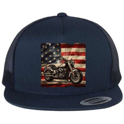 Vintage USA American Flag Motorcycle Biker Flat Bill Trucker Hat