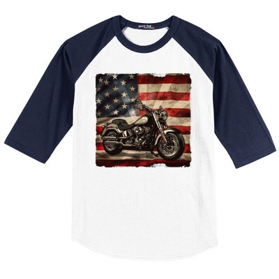 Vintage USA American Flag Motorcycle Biker Baseball Sleeve Shirt