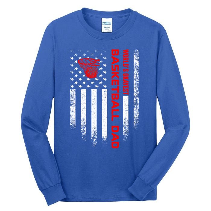 Vintage Usa American Flag World's Okayest Basketball Dad Funny Gift Tall Long Sleeve T-Shirt