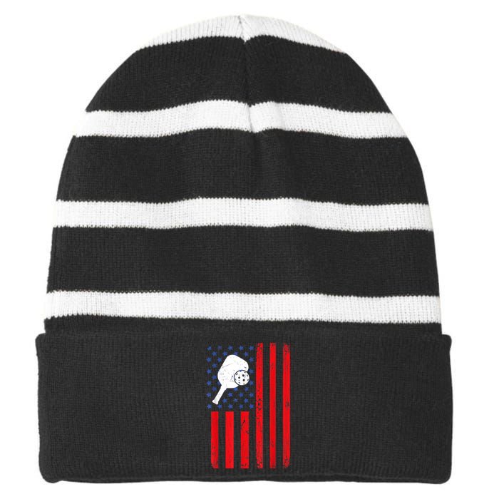 Vintage US American Flag Pickleball Player Paddleball Lover Striped Beanie with Solid Band