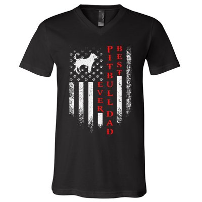 Vintage Usa American Flag Best Pit Bull Pitbull Dog Dad Ever V-Neck T-Shirt