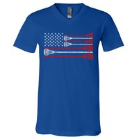 Vintage Usa American Flag Lacrosse Player V-Neck T-Shirt