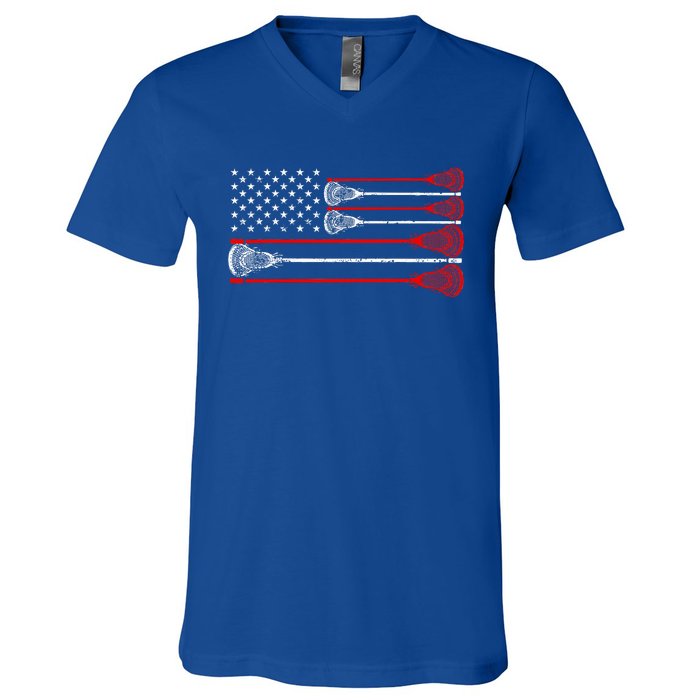 Vintage Usa American Flag Lacrosse Player V-Neck T-Shirt