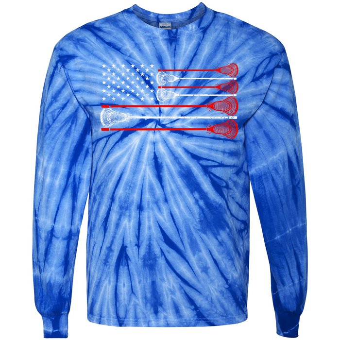 Vintage Usa American Flag Lacrosse Player Tie-Dye Long Sleeve Shirt