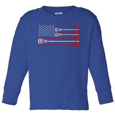 Vintage Usa American Flag Lacrosse Player Toddler Long Sleeve Shirt