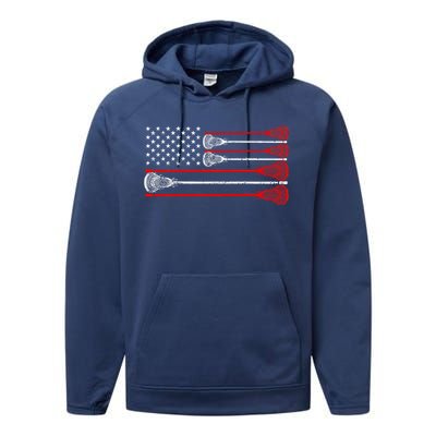 Vintage Usa American Flag Lacrosse Player Performance Fleece Hoodie