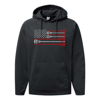 Vintage Usa American Flag Lacrosse Player Performance Fleece Hoodie