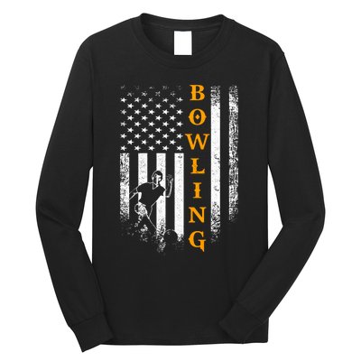 Vintage Usa American Flag Bowling Player Silhouette Funny Gift Long Sleeve Shirt