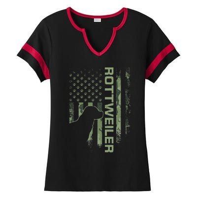 Vintage USA American Camo Flag Rottweiler Rottie Silhouette Ladies Halftime Notch Neck Tee