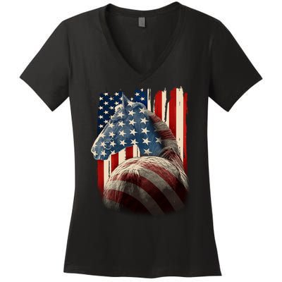 Vintage USA American Flag Horse Women's V-Neck T-Shirt