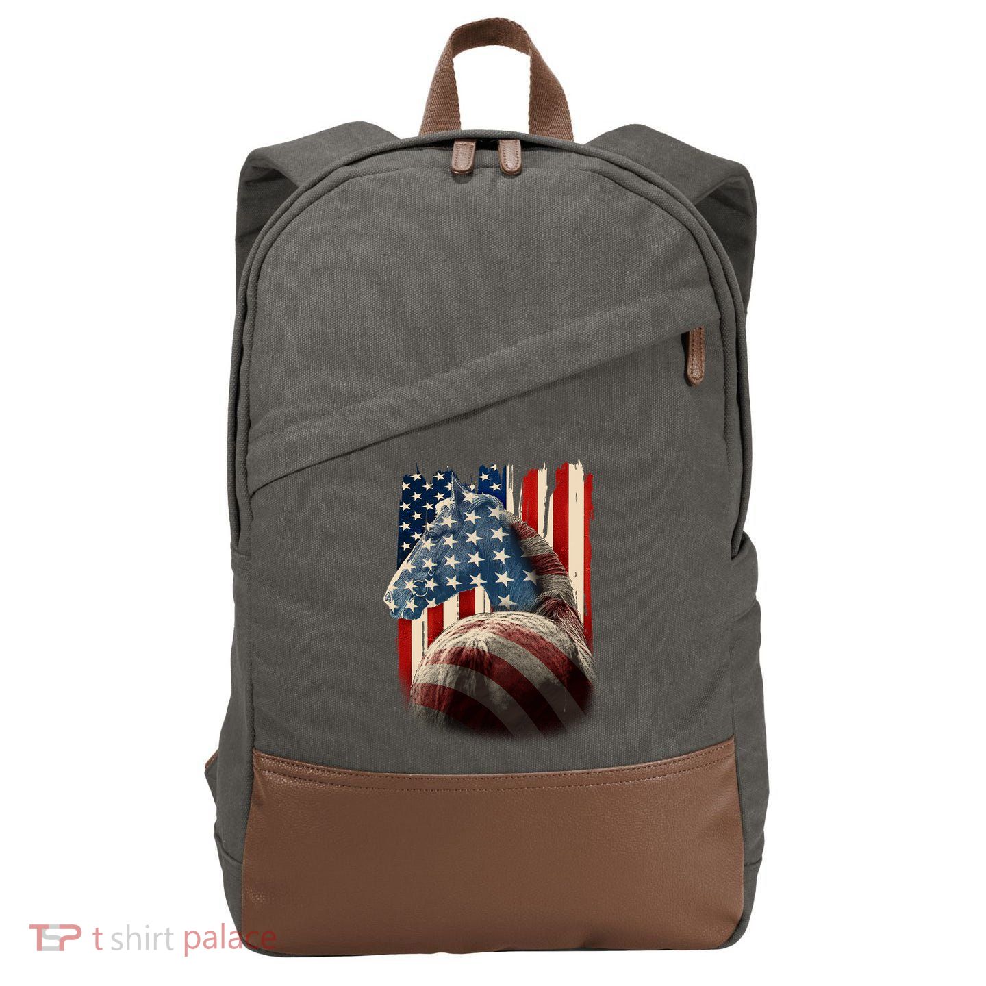 Vintage USA American Flag Horse Cotton Canvas Backpack