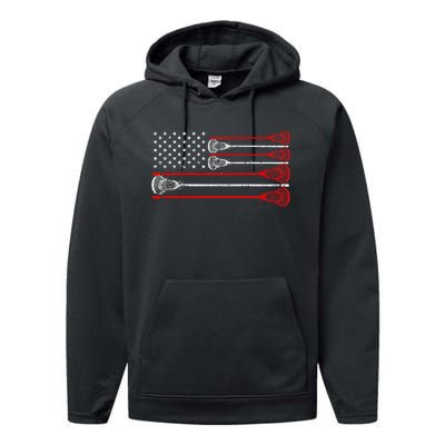 Vintage Usa American Flag Lacrosse Player Lover Performance Fleece Hoodie