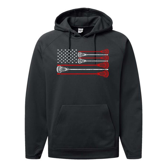 Vintage Usa American Flag Lacrosse Player Lover Performance Fleece Hoodie