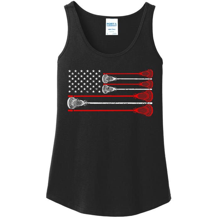 Vintage Usa American Flag Lacrosse Player Lover Ladies Essential Tank