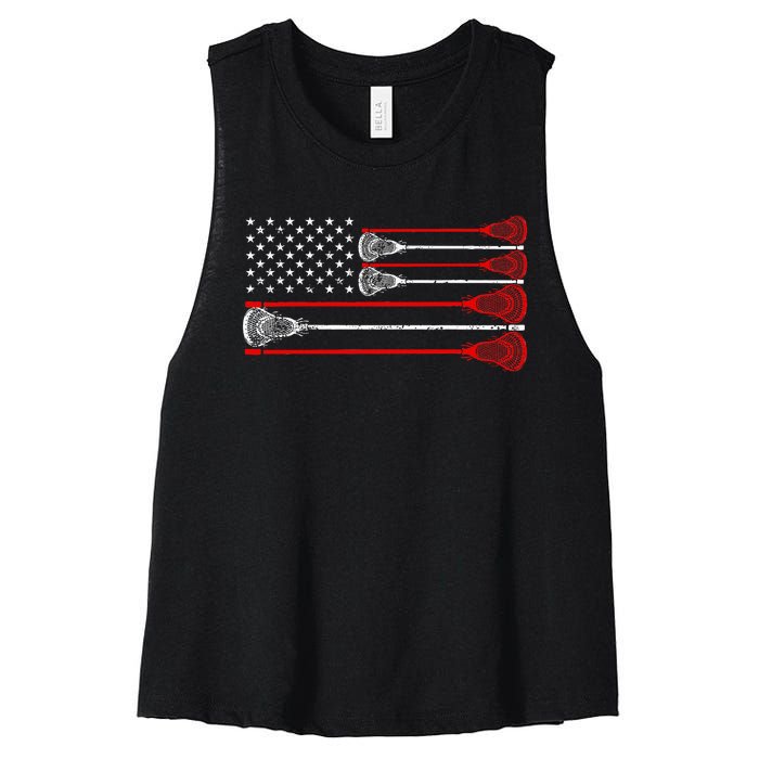 Vintage Usa American Flag Lacrosse Player Lover Women's Racerback Cropped Tank