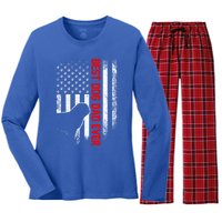 Vintage Usa American Flag Best Pug Dog Dad Ever Silhouette Gift Women's Long Sleeve Flannel Pajama Set 