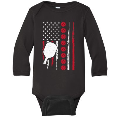 Vintage US American Flag Pickleball Player Paddleball Lover Baby Long Sleeve Bodysuit