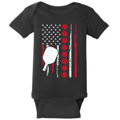 Vintage US American Flag Pickleball Player Paddleball Lover Baby Bodysuit