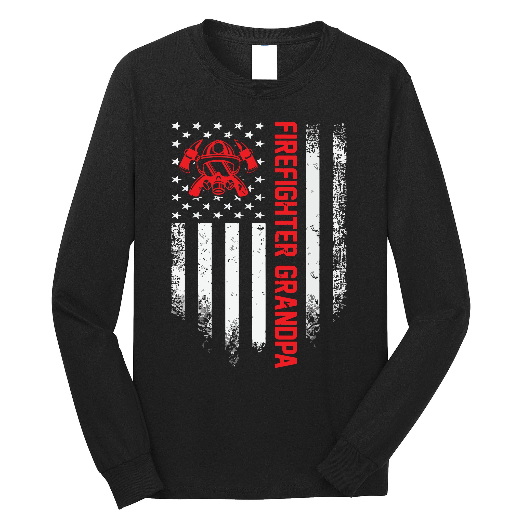 Vintage USA American Flag Firefighter Grandpa Silhouette Long Sleeve Shirt
