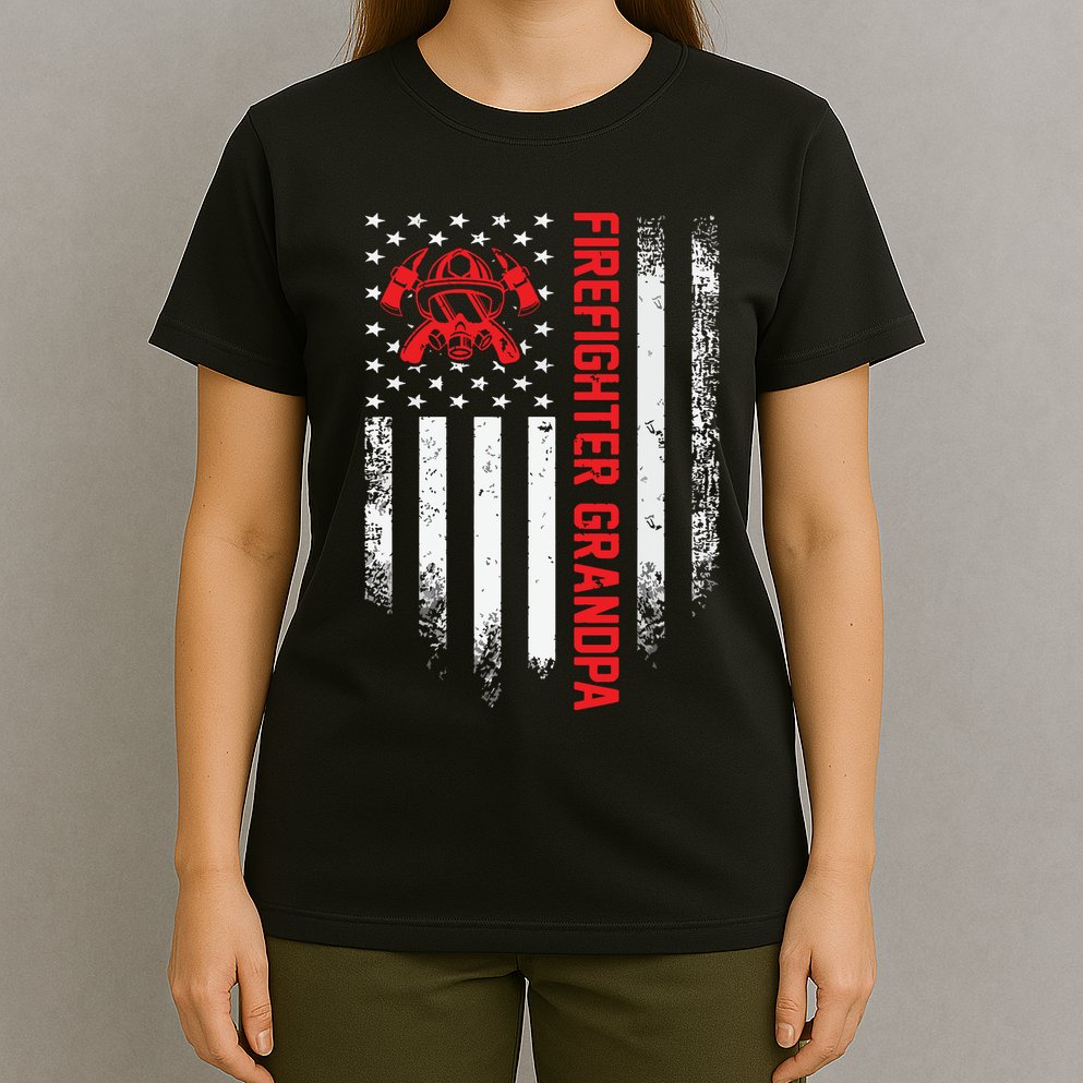 Vintage USA American Flag Firefighter Grandpa Silhouette T-Shirt