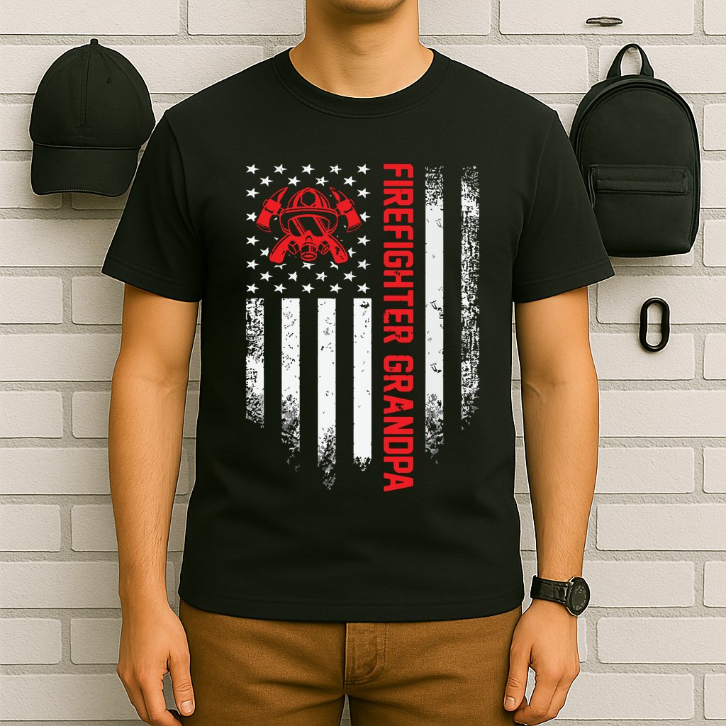 Vintage USA American Flag Firefighter Grandpa Silhouette T-Shirt