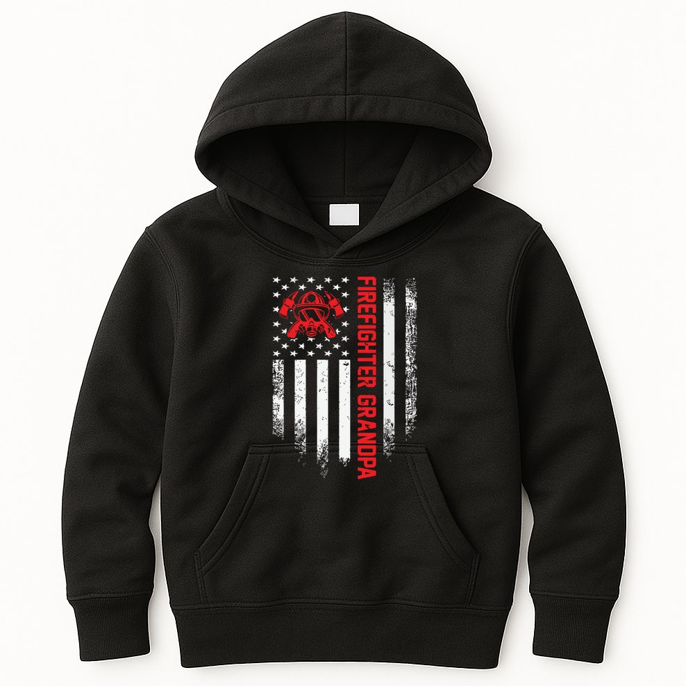 Vintage USA American Flag Firefighter Grandpa Silhouette Kids Hoodie