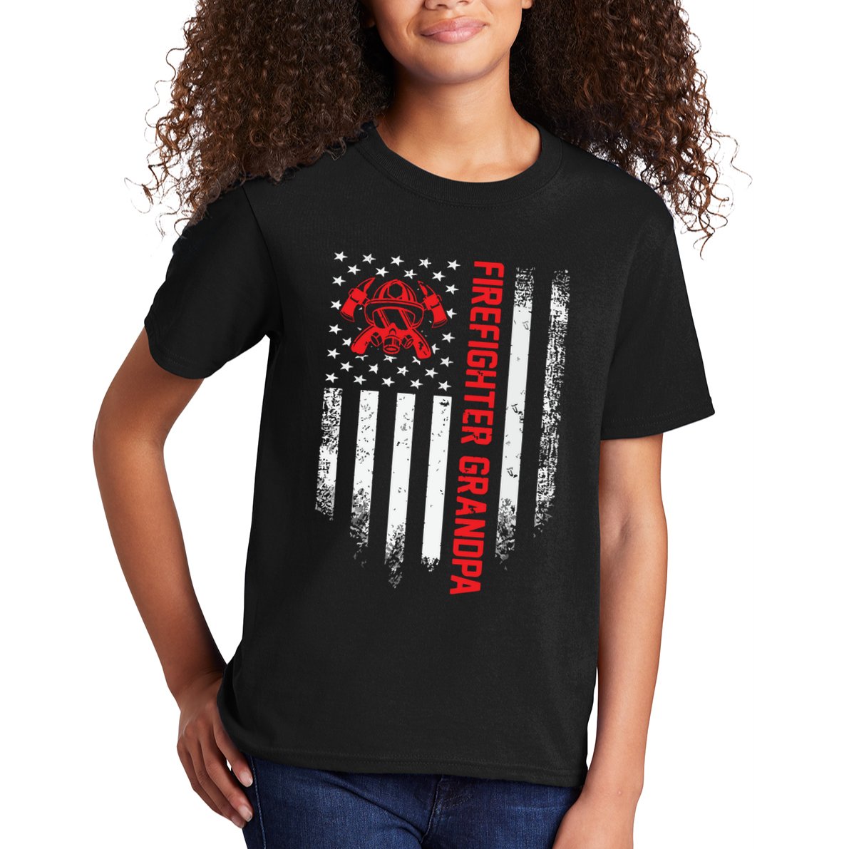 Vintage USA American Flag Firefighter Grandpa Silhouette Kids T-Shirt