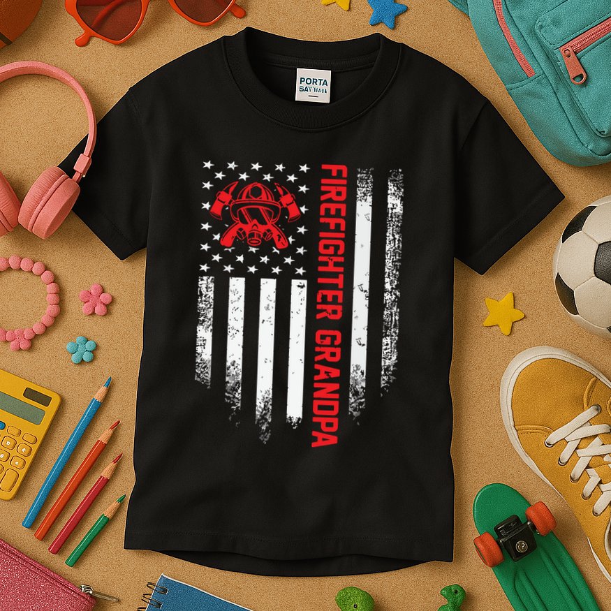 Vintage USA American Flag Firefighter Grandpa Silhouette Kids T-Shirt