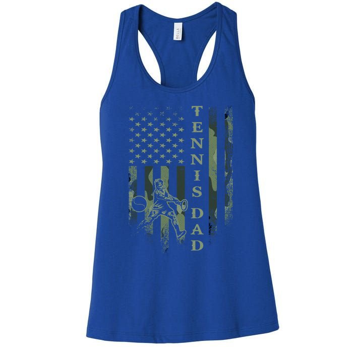 Vintage Usa American Camo Flag Proud Tennis Dad Silhouette Funny Gift Women's Racerback Tank