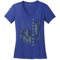 Vintage Usa American Camo Flag Proud Tennis Dad Silhouette Funny Gift Women's V-Neck T-Shirt