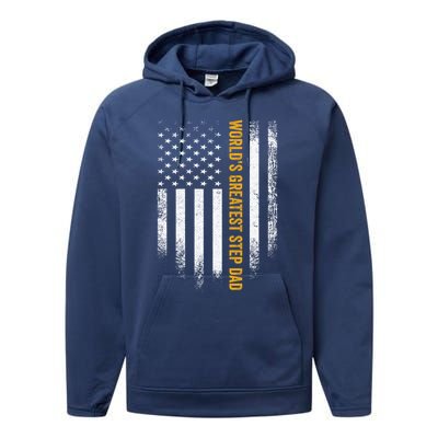 Vintage Usa American Flag Worlds Greatest Step Dad Funny Gift Performance Fleece Hoodie