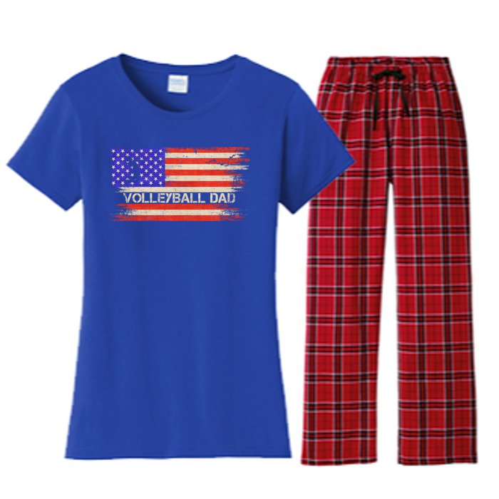 Vintage Usa American Flag Proud Volleyball Dad Silhouette Gift Women's Flannel Pajama Set