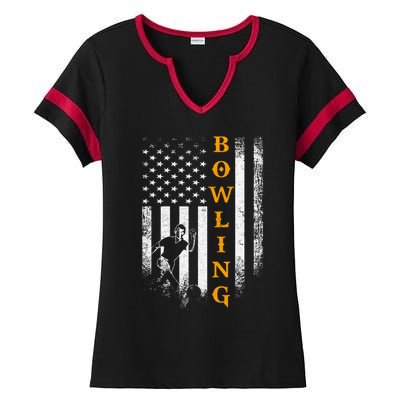 Vintage Usa American Flag Bowling Player Silhouette Funny Cool Gift Ladies Halftime Notch Neck Tee