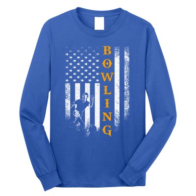 Vintage Usa American Flag Bowling Player Silhouette Funny Cool Gift Long Sleeve Shirt