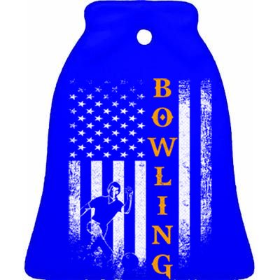 Vintage Usa American Flag Bowling Player Silhouette Funny Cool Gift Ceramic Bell Ornament