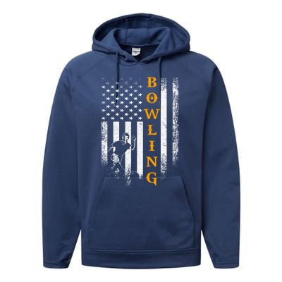 Vintage Usa American Flag Bowling Player Silhouette Funny Cool Gift Performance Fleece Hoodie