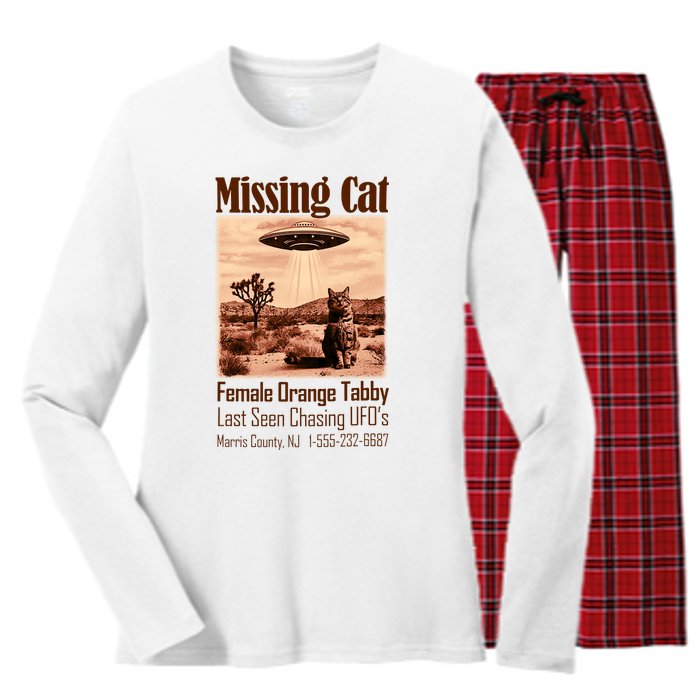 Vintage Ufo Cowboy Cat Missing Cat Female Orange Tabby Women's Long Sleeve Flannel Pajama Set 