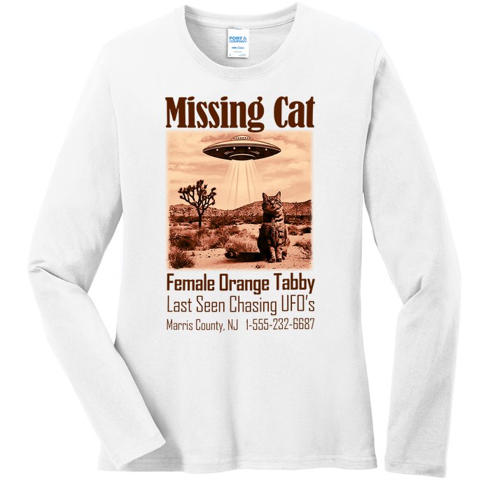 Vintage Ufo Cowboy Cat Missing Cat Female Orange Tabby Ladies Long Sleeve Shirt