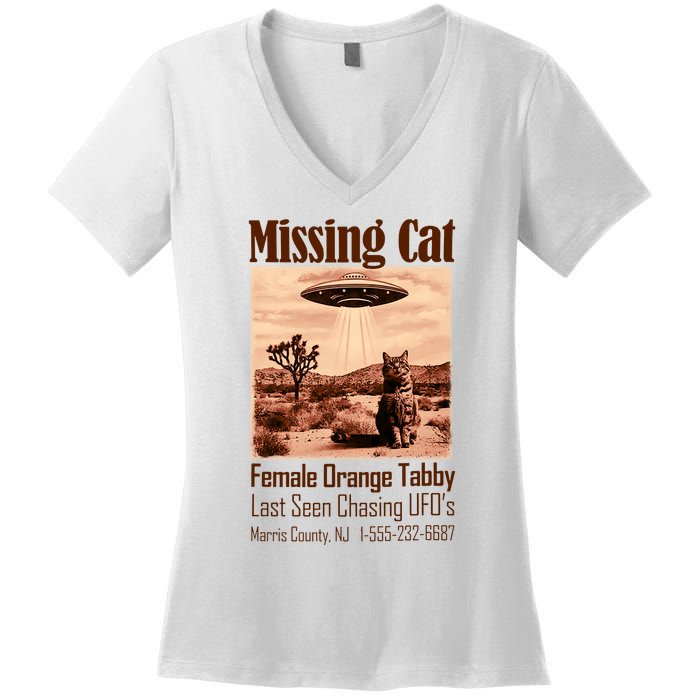 Vintage Ufo Cowboy Cat Missing Cat Female Orange Tabby Women's V-Neck T-Shirt