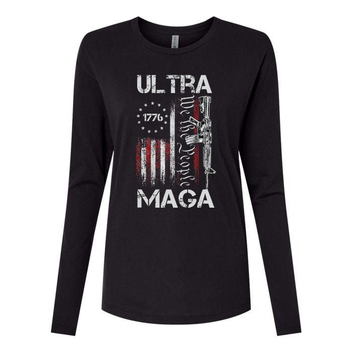 Vintage Usa Flag Ultra Maga Gun Usa 4th Of July Trump 2024 Womens Cotton Relaxed Long Sleeve T-Shirt