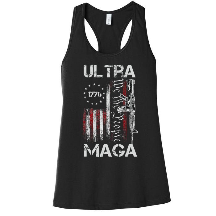 Vintage Usa Flag Ultra Maga Gun Usa 4th Of July Trump 2024 Women's Racerback Tank