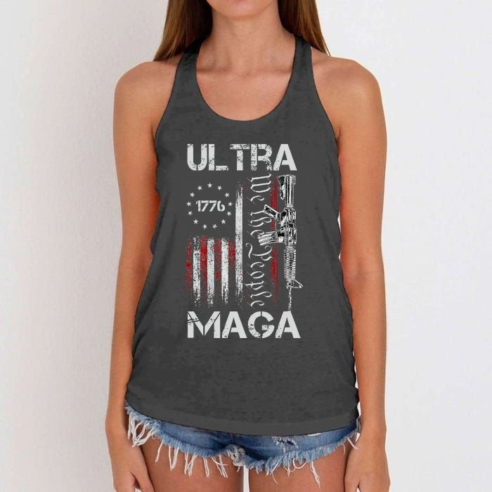 Vintage Usa Flag Ultra Maga Gun Usa 4th Of July Trump 2024 Women's Knotted Racerback Tank