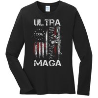 Vintage Usa Flag Ultra Maga Gun Usa 4th Of July Trump 2024 Ladies Long Sleeve Shirt