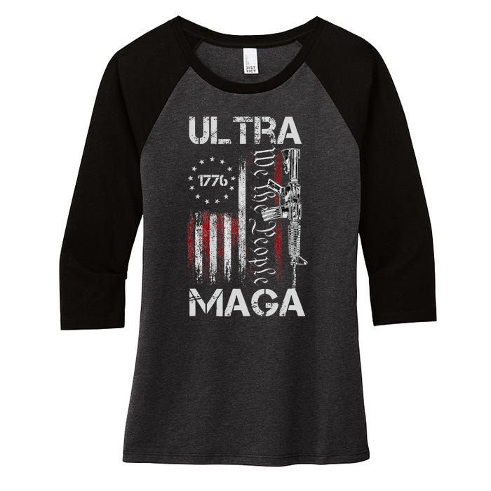 Vintage Usa Flag Ultra Maga Gun Usa 4th Of July Trump 2024 Women's Tri-Blend 3/4-Sleeve Raglan Shirt