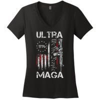 Vintage Usa Flag Ultra Maga Gun Usa 4th Of July Trump 2024 Women's V-Neck T-Shirt