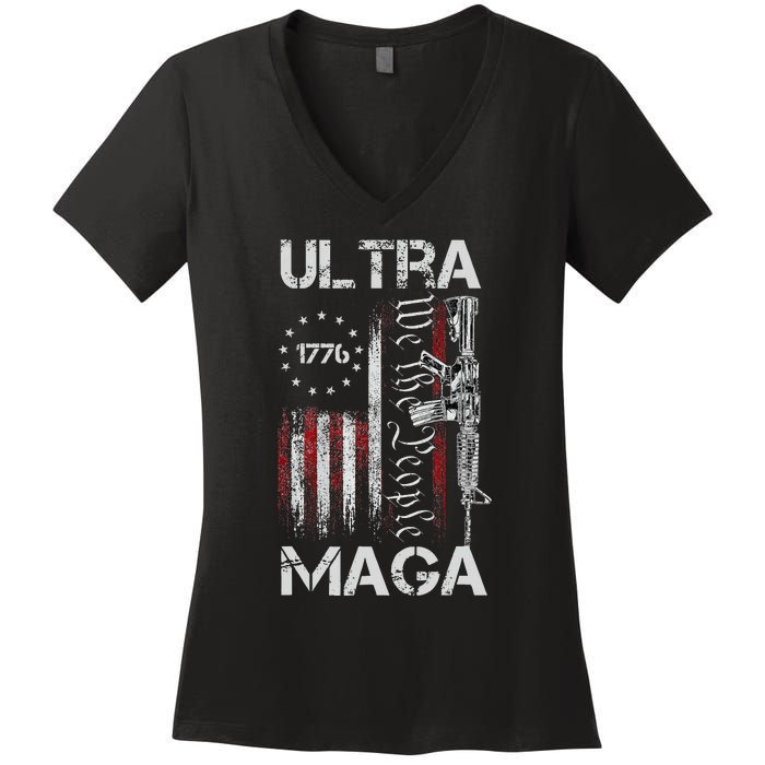 Vintage Usa Flag Ultra Maga Gun Usa 4th Of July Trump 2024 Women's V-Neck T-Shirt