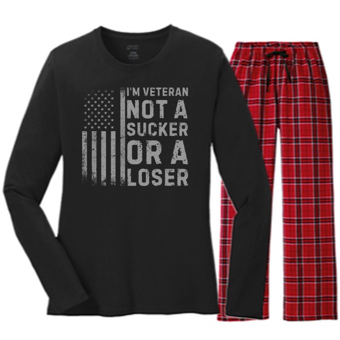 Vintage Usa Flag IM Veteran Not A Sucker Or A Loser Women's Long Sleeve Flannel Pajama Set 