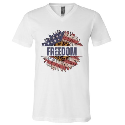 Vintage USA Flag Sunflower 4th Of July V-Neck T-Shirt