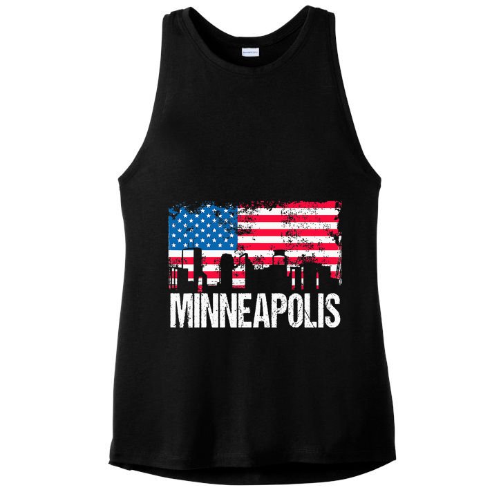 Vintage Us Flag American City Skyline Minneapolis Minnesota Ladies PosiCharge Tri-Blend Wicking Tank