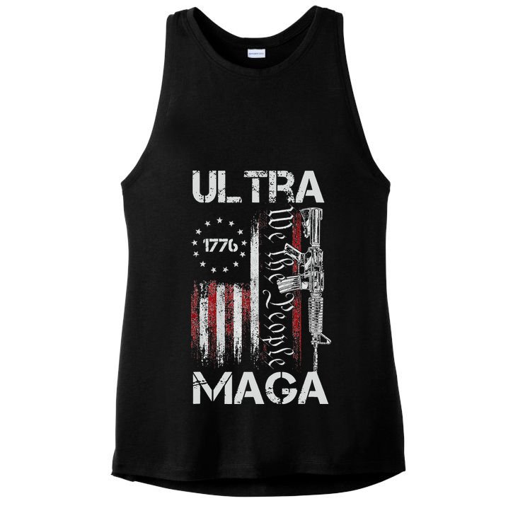 Vintage USA Flag Ultra Maga Gun USA 4th Of July Trump 2024 Ladies PosiCharge Tri-Blend Wicking Tank